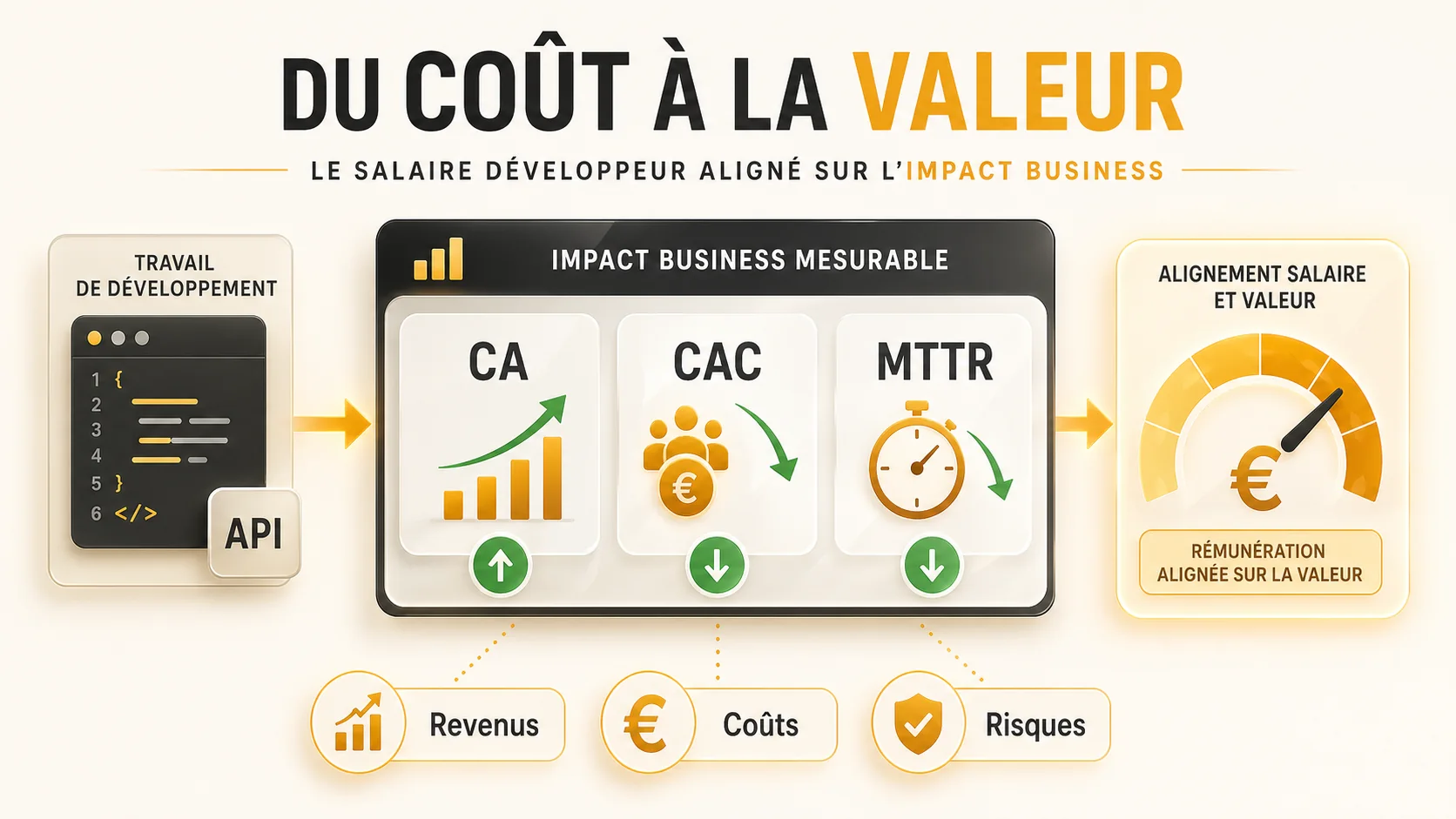 Capture d'écran d'un tableau de bord métier type (comme Geckoboard ou Klipfolio) montrant des KPIs comme le Chiffre d'Affaires, le Coût d'Acquisition Client (CAC), et le Temps Moyen de Résolution (MTTR), avec des flèches vertes indiquant une amélioration