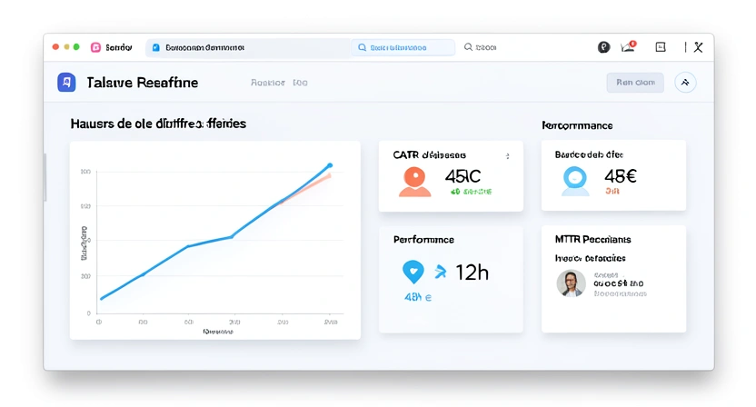 Capture d'écran d'un tableau de bord métier type (comme Geckoboard ou Klipfolio) montrant des KPIs comme le Chiffre d'Affaires, le Coût d'Acquisition Client (CAC), et le Temps Moyen de Résolution (MTTR), avec des flèches vertes indiquant une amélioration