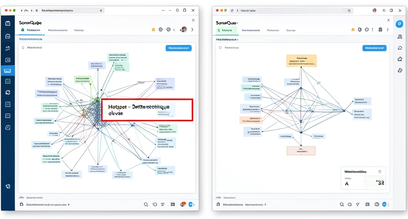 Capture d'écran d'un outil de visualisation de dépendances techniques comme CodeScene ou SonarQube, montrant un "hotspot" complexe et le résultat d'un refactoring