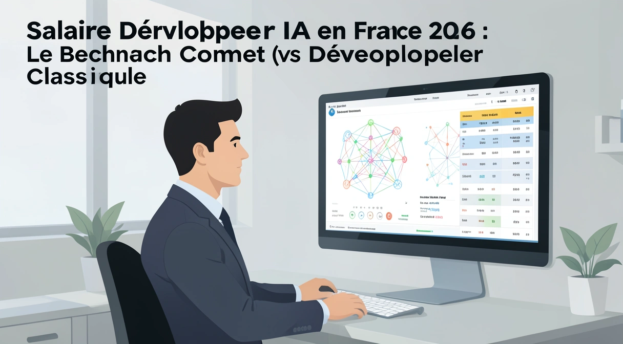 Illustration d'un développeur travaillant sur un écran affichant des modèles d'IA et des graphiques de salaires