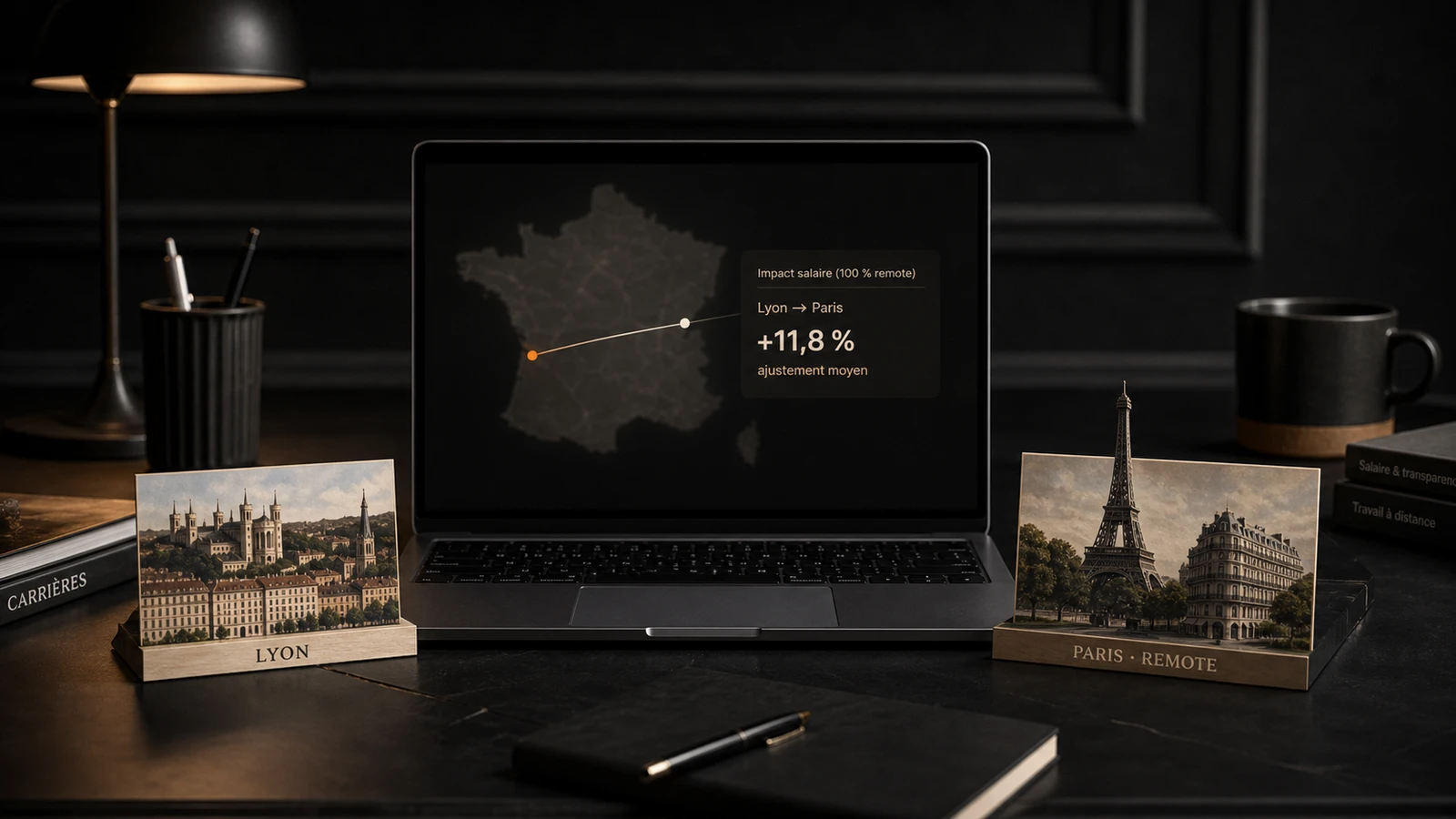 Carte stylisée Lyon vs Paris remote et décote salariale