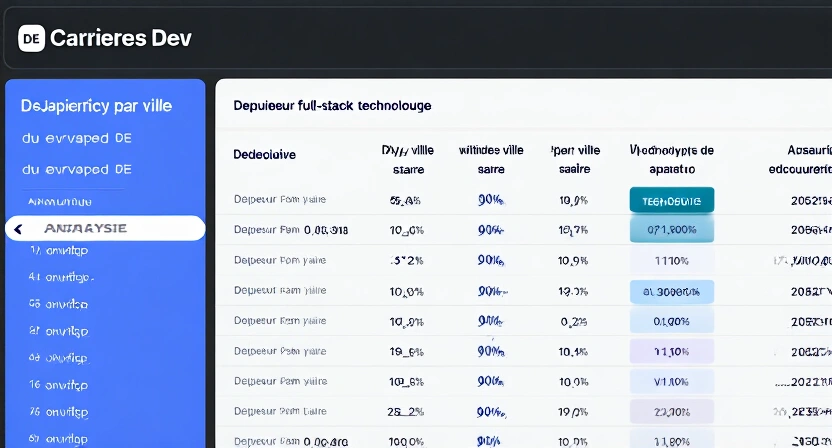 Capture d'écran du tableau de bord Carrières Dev montrant une analyse comparative de salaires par ville et par technologie pour le poste de développeur full-stack JavaScript