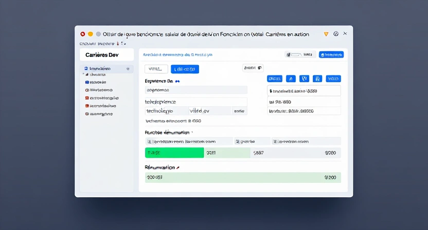 Capture d'écran de l'outil de benchmark salarial Carrières Dev en action, avec un formulaire rempli (expérience, technologie, ville) et un résultat graphique montrant la fourchette de rémunération