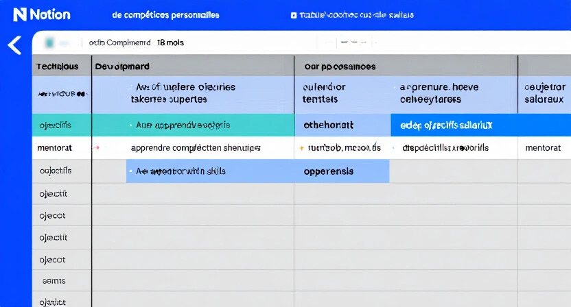 Capture d'écran d'un tableau de compétences personnelles dans Notion, montrant une roadmap de développement sur 18 mois avec des objectifs techniques (apprendre Kubernetes) et soft skills (mentorat), liés à des objectifs salariaux