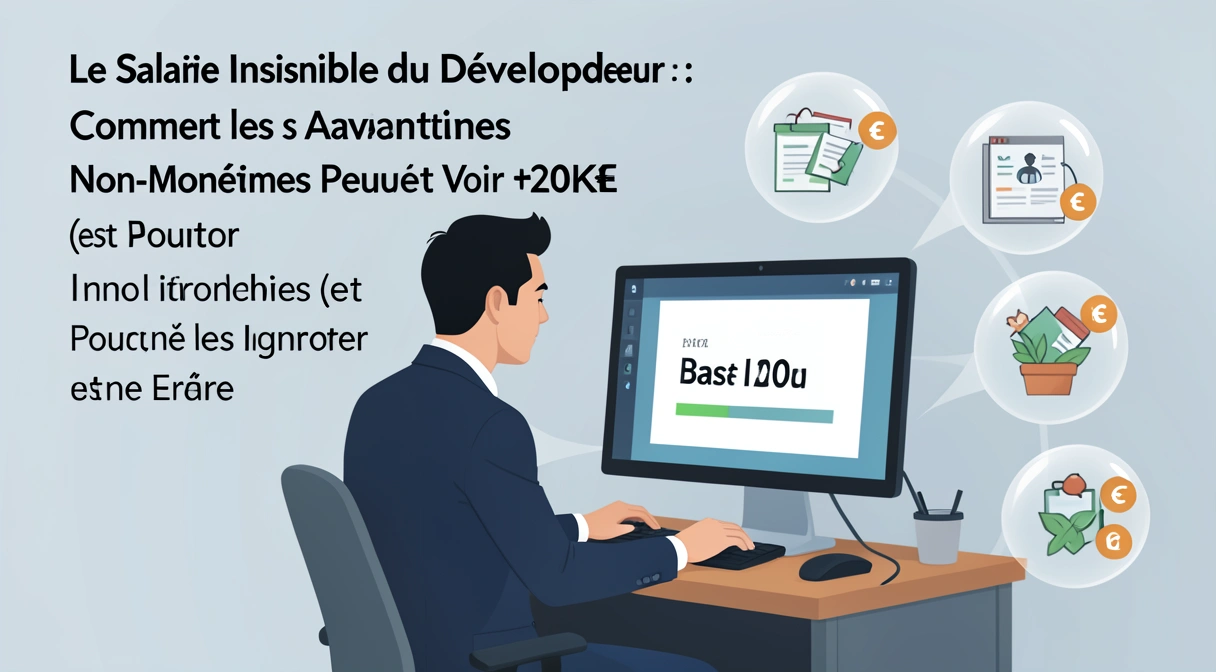Illustration conceptuelle du salaire invisible d'un développeur : un développeur regarde un écran d'ordinateur où son salaire brut est affiché, tandis que des bulles transparentes contenant des symboles de télétravail, de formation, d'actions et de congés flottent autour de lui, chacune avec une valeur monétaire attachée.