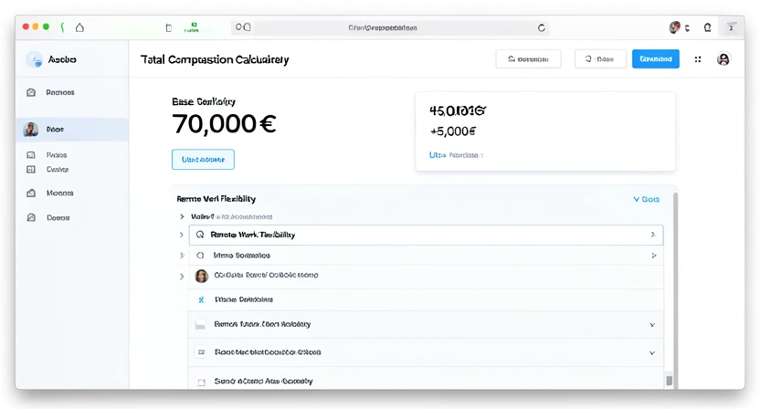 Capture d'écran d'un tableau de bord fictif de calcul de rémunération totale, montrant un salaire de base de 70K€ et des lignes pour le télétravail (+5K€), la formation (+3K€), les actions (+8K€), les RTT (+2K€) et le total à 88K€.