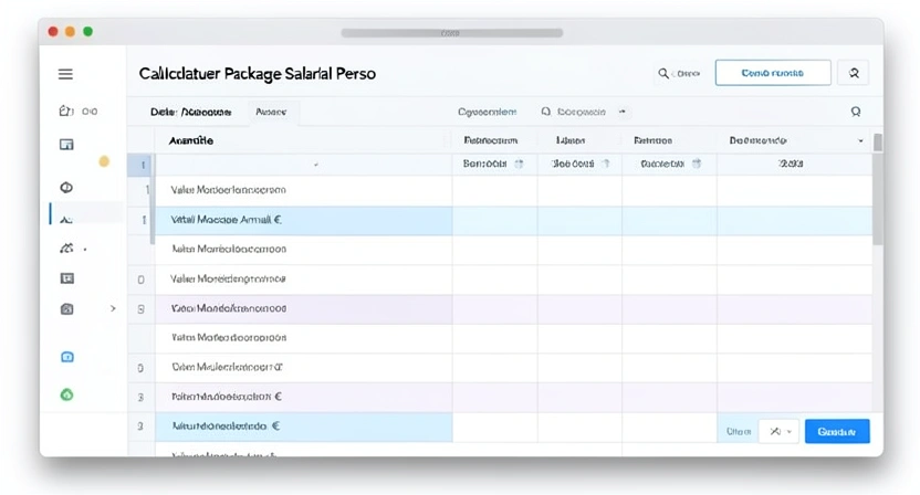 Capture d'écran d'un tableur Google Sheets ou Excel partagé, intitulé "Calculateur Package Salarial Perso". Les colonnes sont : Avantage, Détail, Valeur Monétaire Annuelle (€), Valeur Subjective (1-5), Total Ligne. Des lignes sont pré-remplies avec des exemples.
