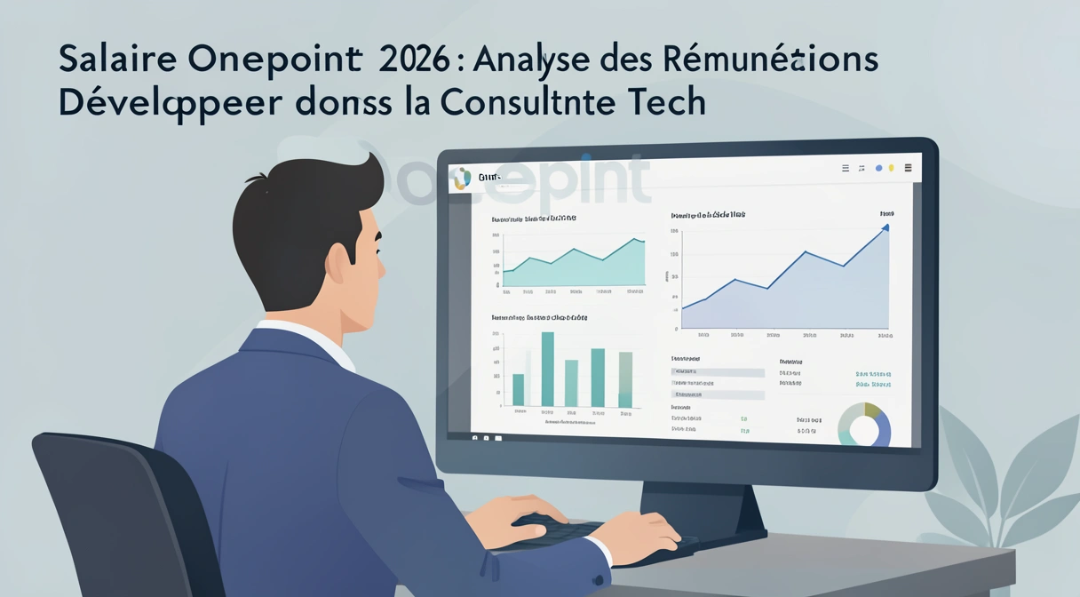 Illustration d'un développeur analysant un graphique de salaire avec le logo Onepoint en arrière-plan