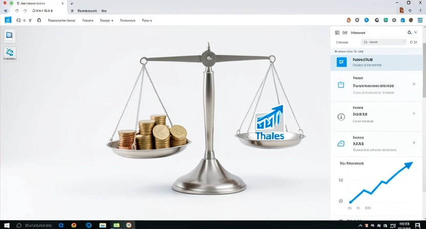 Illustration d'une balance avec d'un côté un badge "Thales" et de l'autre des pièces et un graphique de croissance