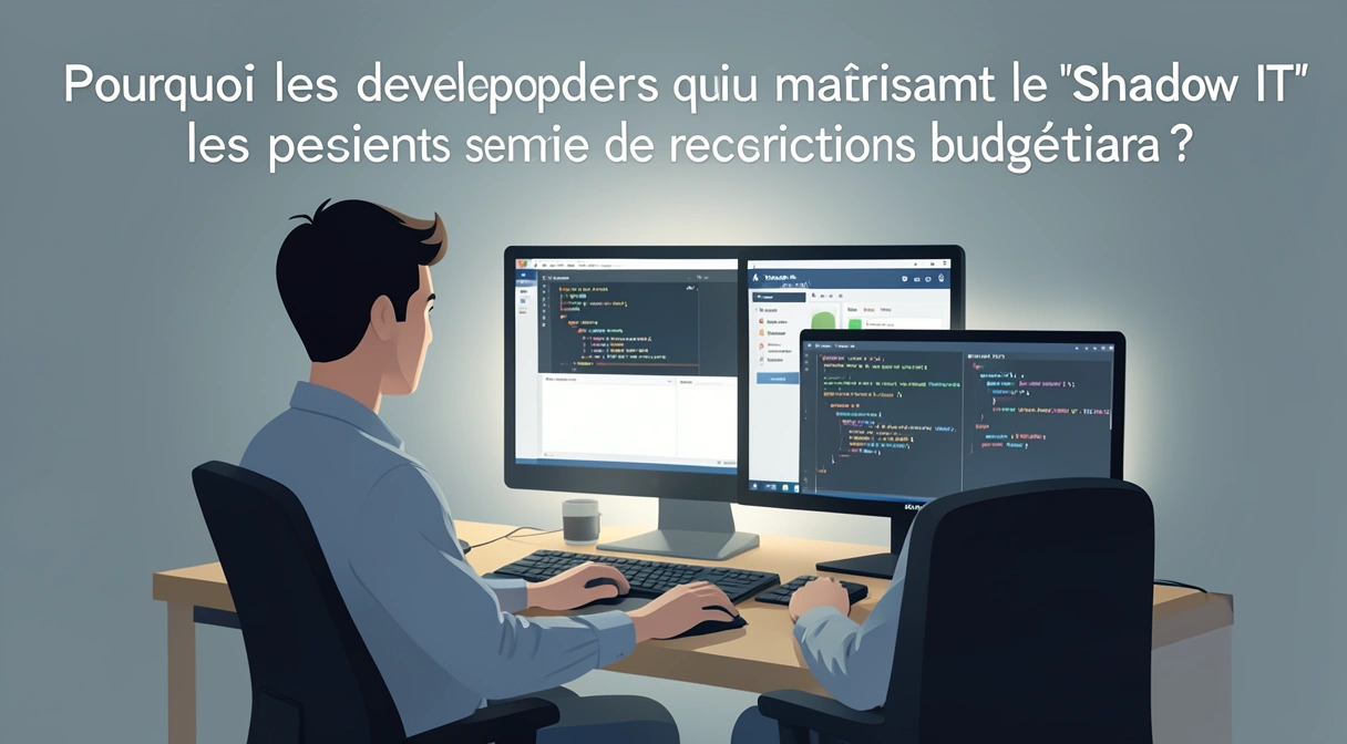 Illustration conceptuelle du shadow IT : un développeur travaille sur un écran principal officiel, tandis qu'une lumière douce éclaire des outils et scripts alternatifs sur un second écran, symbolisant l'innovation parallèle et frugale.