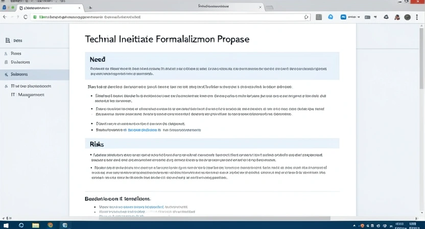 Capture d'écran d'un template de document "Proposition de Formalisation d'Initiative Technique" utilisé pour présenter un outil développé en shadow IT aux responsables de la DSI, avec sections sur le besoin, la solution, les risques et les bénéfices.