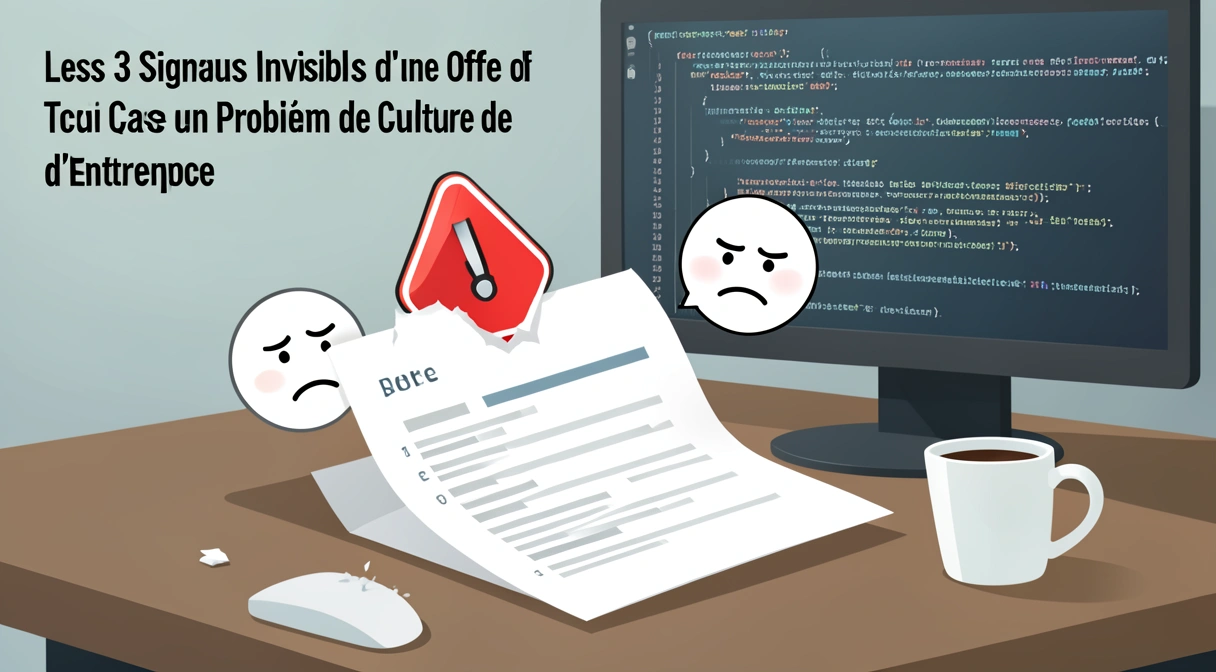 Illustration conceptuelle d'une offre d'emploi tech avec des lignes de code en arrière-plan, un contrat de travail qui se déchire pour révéler des symboles de stress et de conflit cachés derrière
