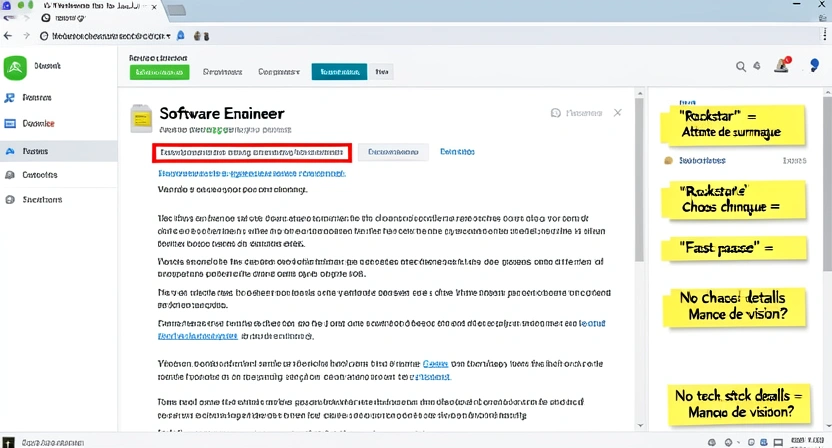 Capture d'écran d'une véritable offre d'emploi pour un "Software Engineer" avec des passages surlignés en jaune et rouge, accompagnée de notes de décryptage dans la marge