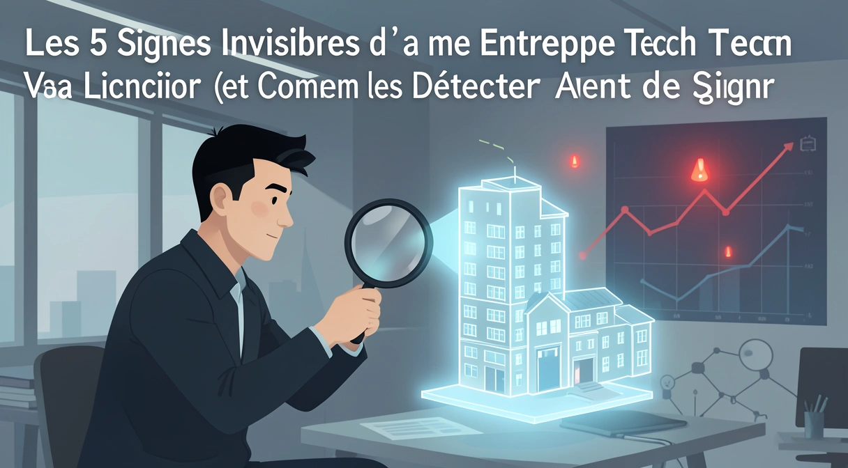 Illustration conceptuelle d'un développeur examinant une entreprise tech à la loupe, avec des graphiques financiers en arrière-plan et des signaux d'alerte discrets comme des voyants rouges clignotants