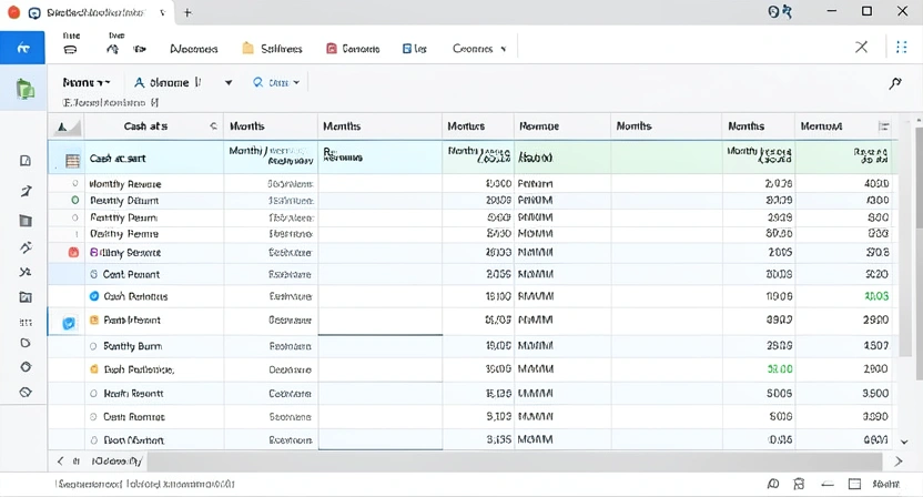 Capture d'écran d'un tableur Excel ou Google Sheets modélisant le runway d'une startup avec des hypothèses de revenus et de dépenses, montrant un point de rupture dans 14 mois