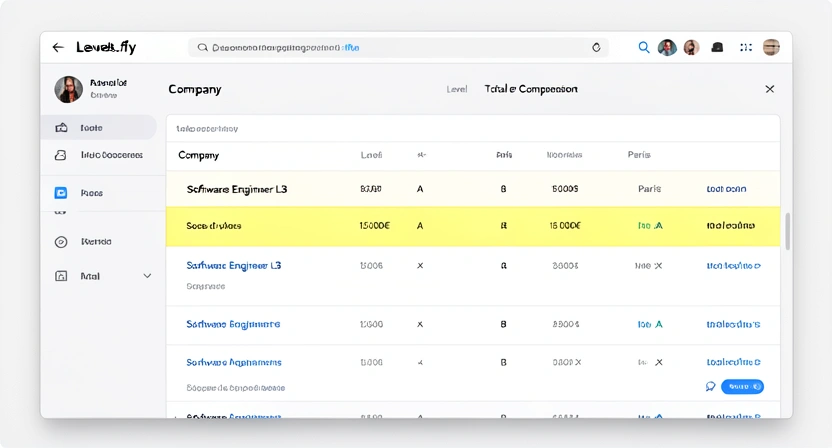 Tableau de bord de l'outil Levels.fyi montrant une comparaison de salaires par niveau d'expérience et par entreprise