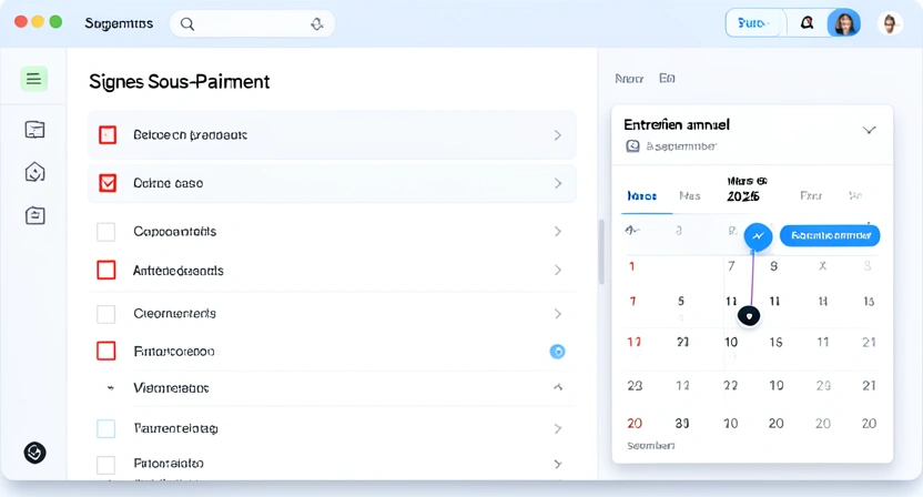 Liste de contrôle sur un écran avec les 5 signes cochés, à côté d'un calendrier montrant des entretiens annuels reportés