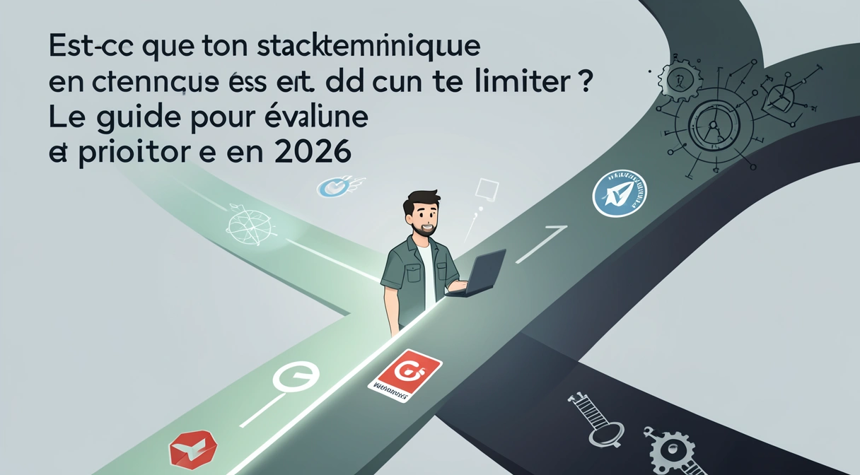 Illustration d'un développeur regardant deux chemins : l'un avec des icônes de technologies modernes, l'autre avec des technologies plus anciennes.