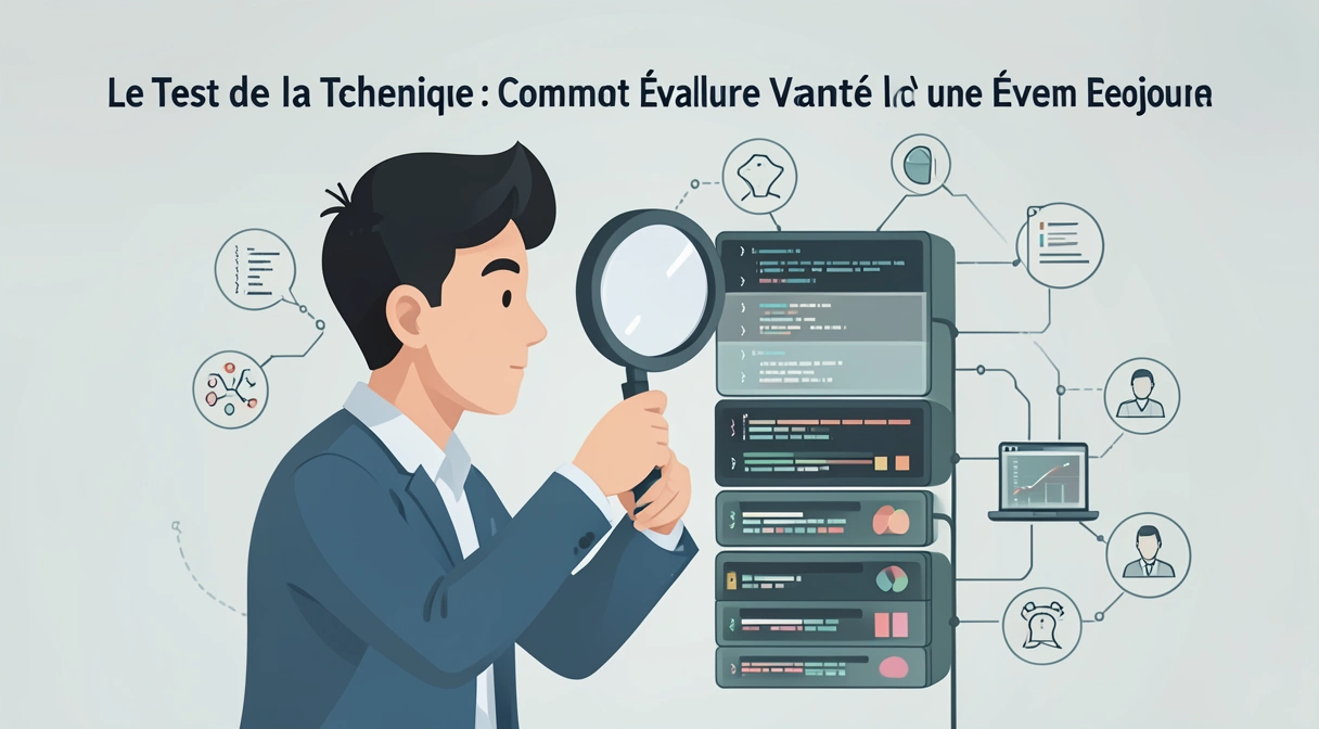 Illustration d'un développeur analysant une pile de technologies comme un médecin examine un scanner médical