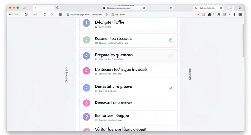 Infographie en 7 étapes : De l'analyse de l'offre à la visite du code, avec des icônes pour chaque phase